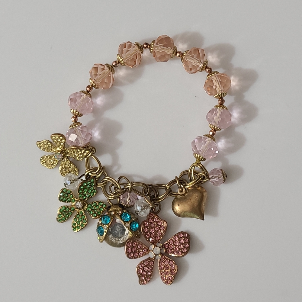 RARE Betsey Johnson Flower Boost Half Stretch Bracelet Crystals Rhinestone Charm